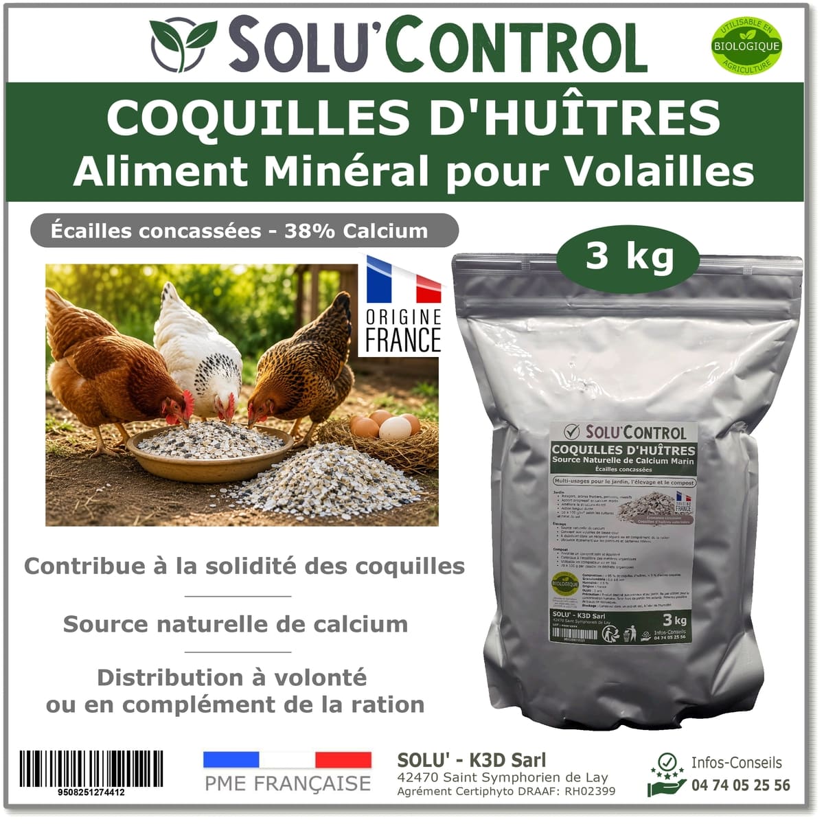 Écailles de Coquilles d'Huîtres Concassées alimentation volailes – SOLU'CONTROL - Sachet de 3 kg