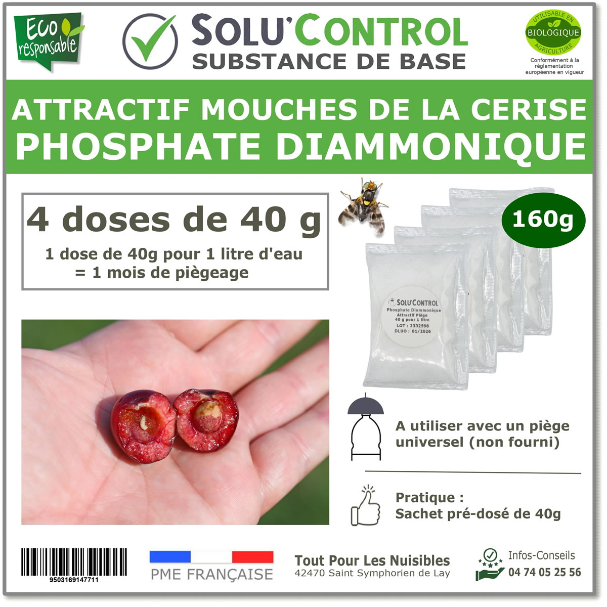 Phosphate Diammonique, appât naturel contre la mouche de la cerise, SOLU'CONTROL - 160g