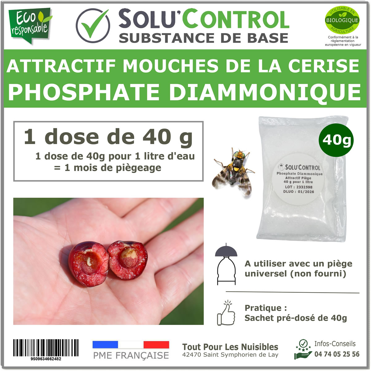 Phosphate Diammonique, appât naturel contre la mouche de la cerise, SOLU'CONTROL - 40g