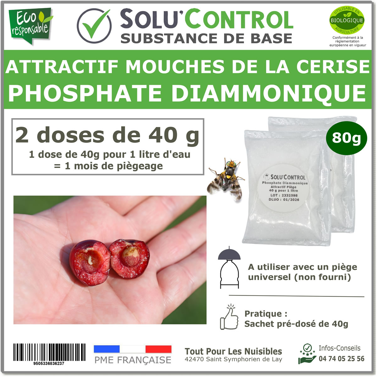 Phosphate Diammonique, appât naturel contre la mouche de la cerise, SOLU'CONTROL - 80g