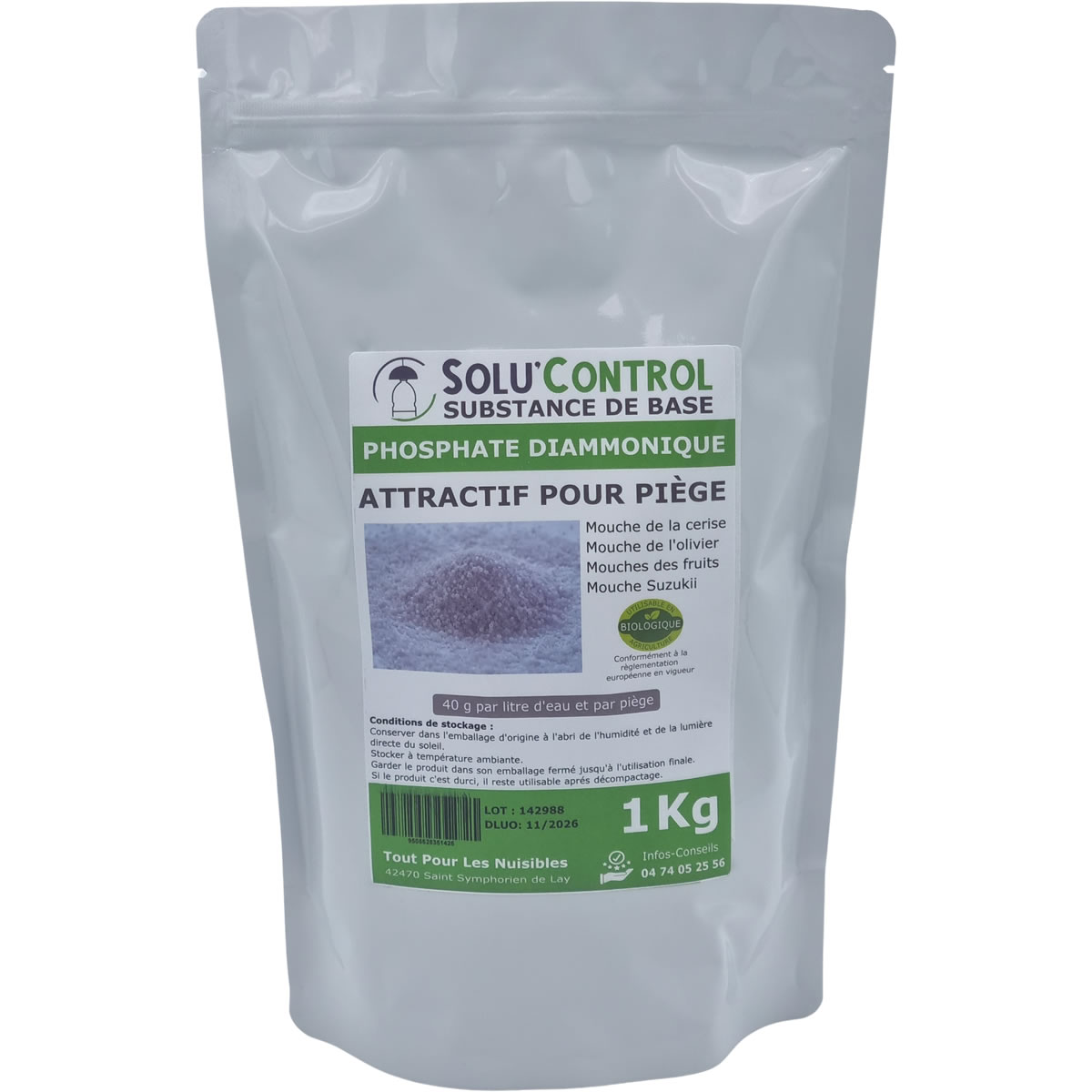 Phosphate Diammonique, appât naturel contre les mouches des fruits, SOLU'CONTROL - Sac de 1kg