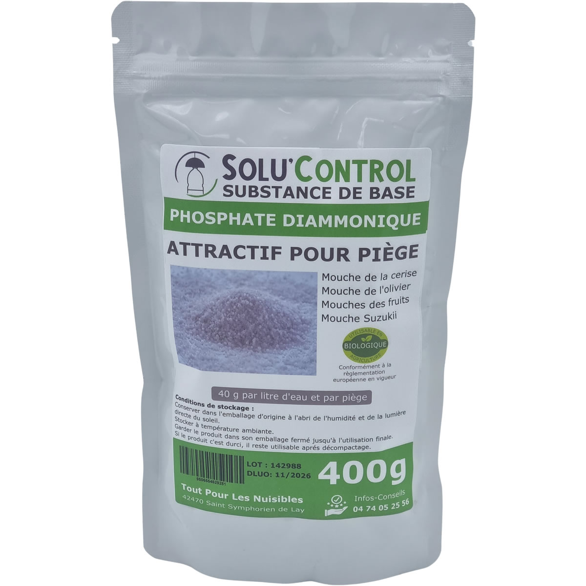 Phosphate Diammonique, appât naturel contre les mouches des fruits, SOLU'CONTROL - Sac de 400g