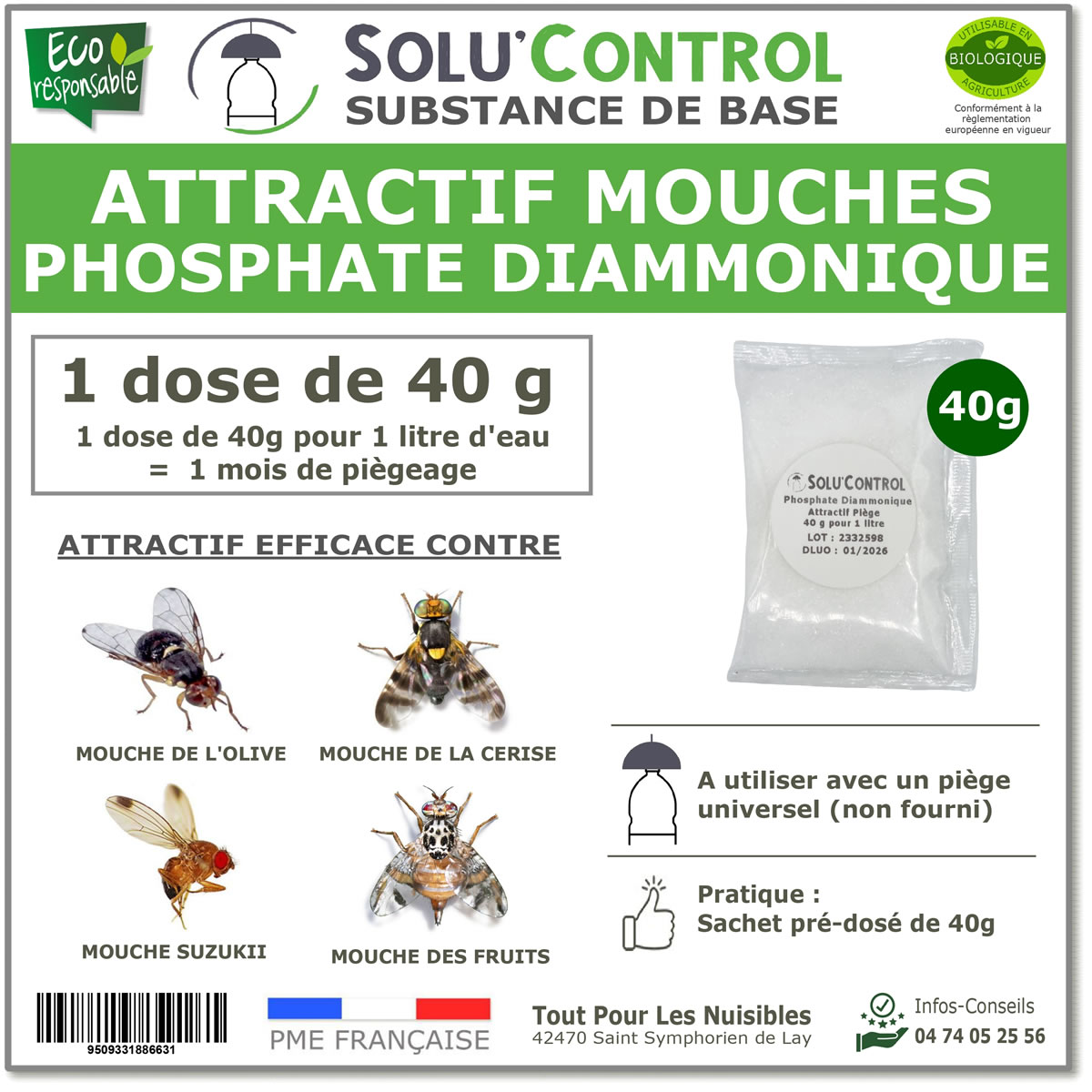 Phosphate Diammonique, appât naturel contre les mouches des fruits, SOLU'CONTROL - 40g