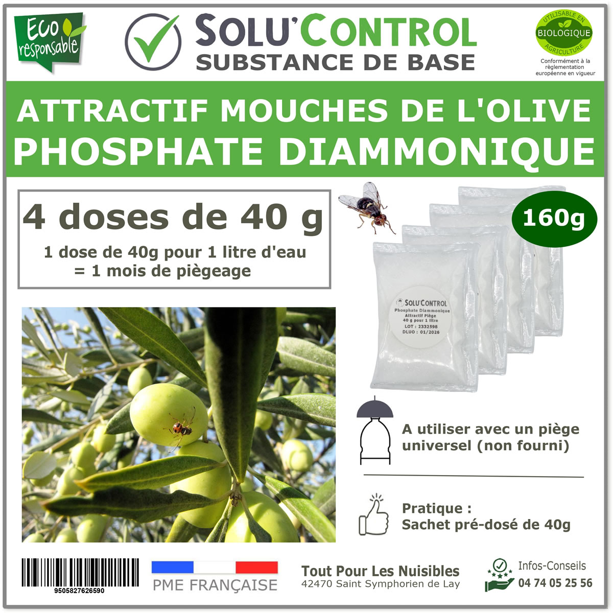 Phosphate Diammonique, appât naturel contre la mouche de l'olive, SOLU'CONTROL - 160g