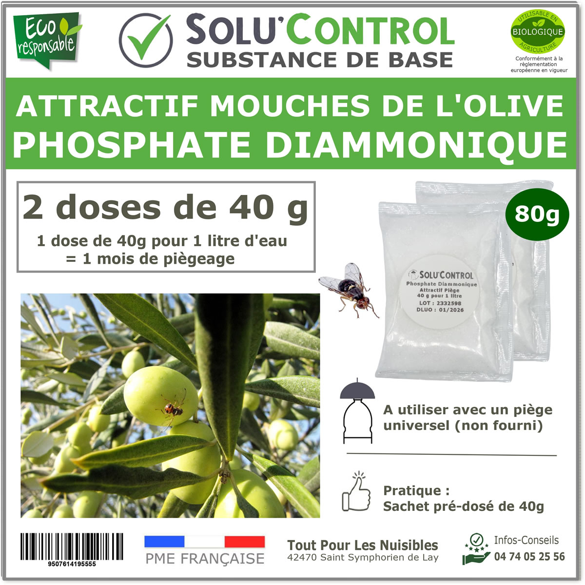 Phosphate Diammonique, appât naturel contre la mouche de l'olive, SOLU'CONTROL - 80g