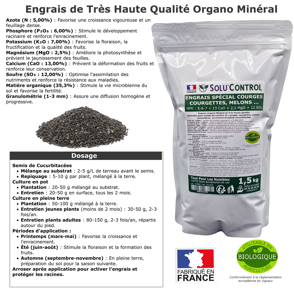 Sachet Engrais Spécial Courges, courgettes et autres cucurbitacées, SoluControl - Sachet de 1.5kg