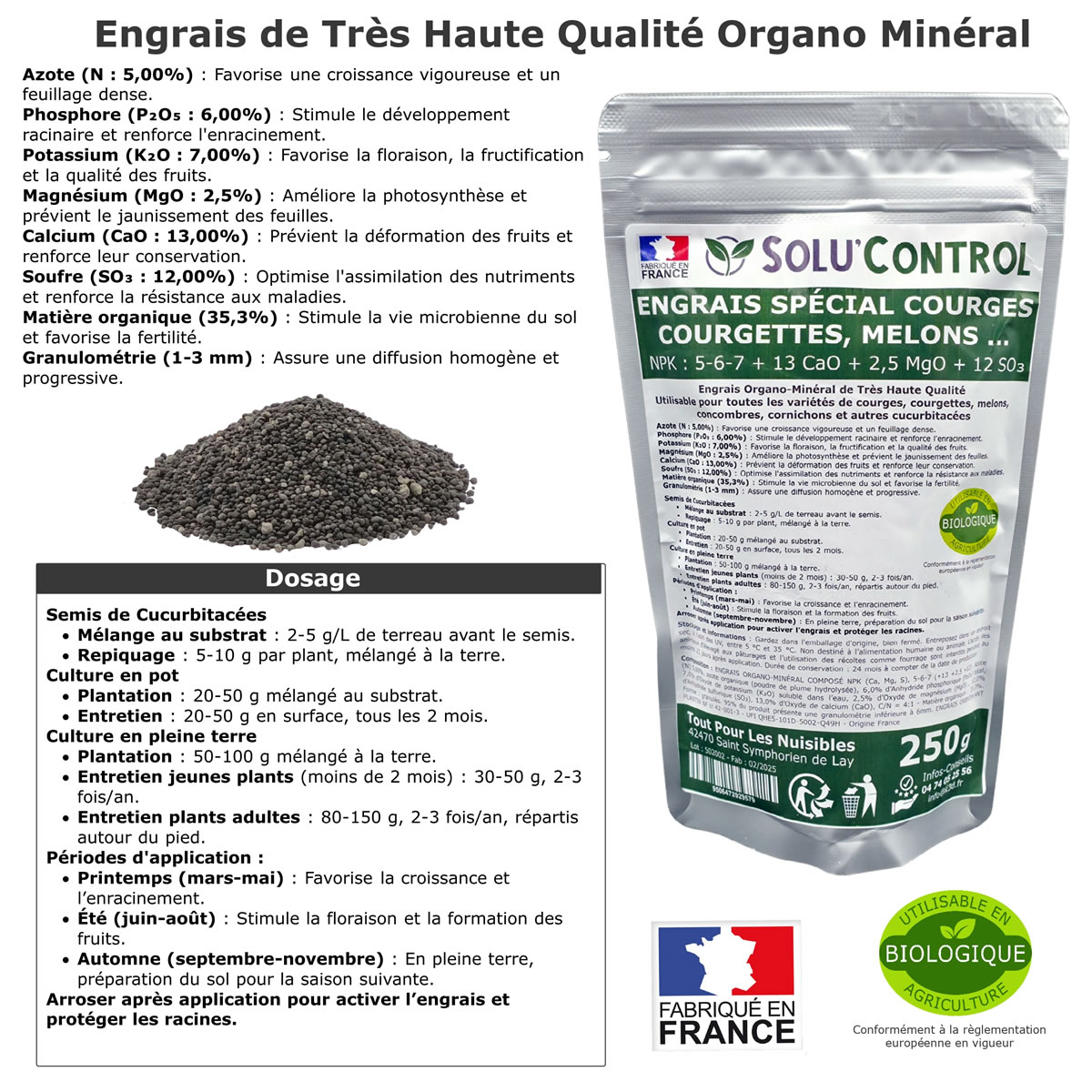 Sachet Engrais Spécial Courges, courgettes et autres cucurbitacées, SoluControl - Sachet de 250g