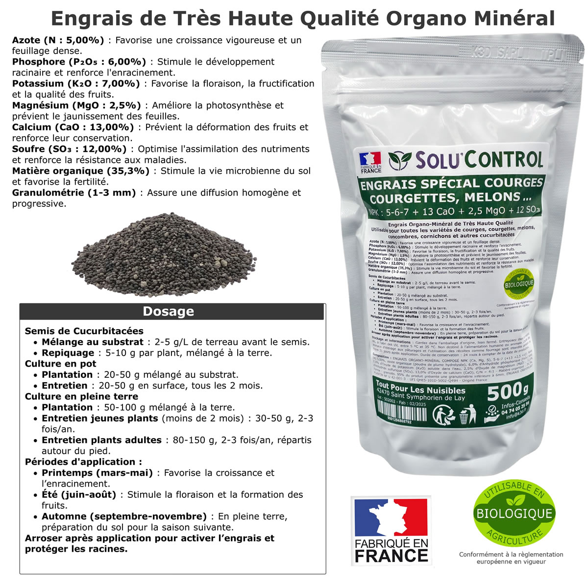 Sachet Engrais Spécial Courges, courgettes et autres cucurbitacées, SoluControl - Sachet de 500g