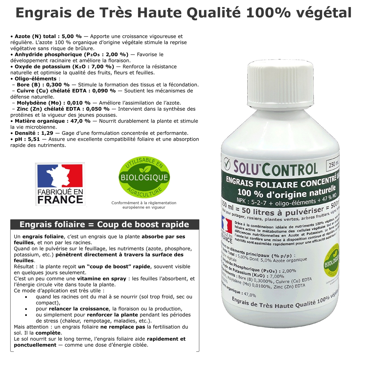 Descriptif - Engrais foliaire 100% naturel, Solu'Control - Flacon de 250ml