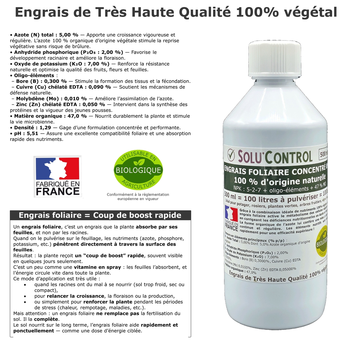Descriptif - Engrais foliaire 100% naturel, Solu'Control - Flacon de 500ml