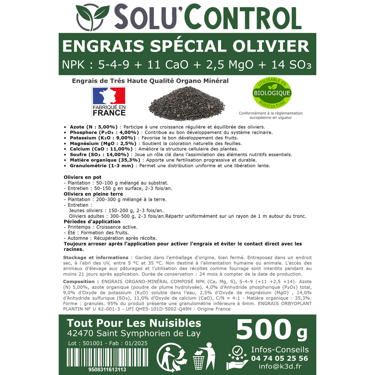 Etiquette engrais olivier 500g