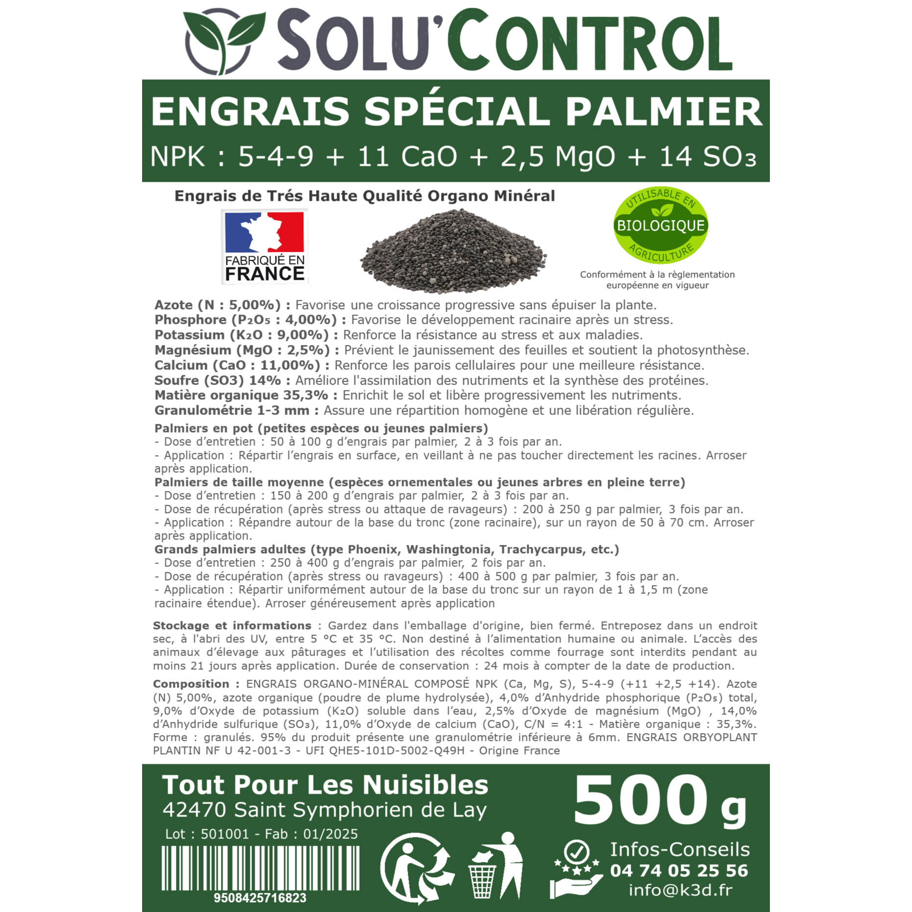 Eiquette engrais palmier 500g