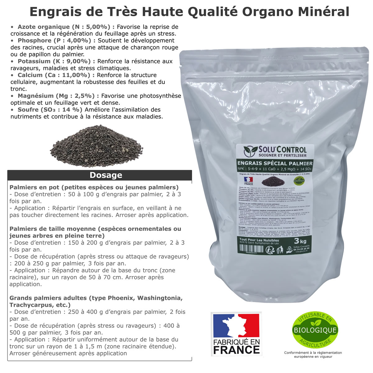 Information NPK 5-4-9 + 11 CaO + 2,5 MgO + 14 SO₃   Engrais Palmier SOLU'CONTROL - 3kg