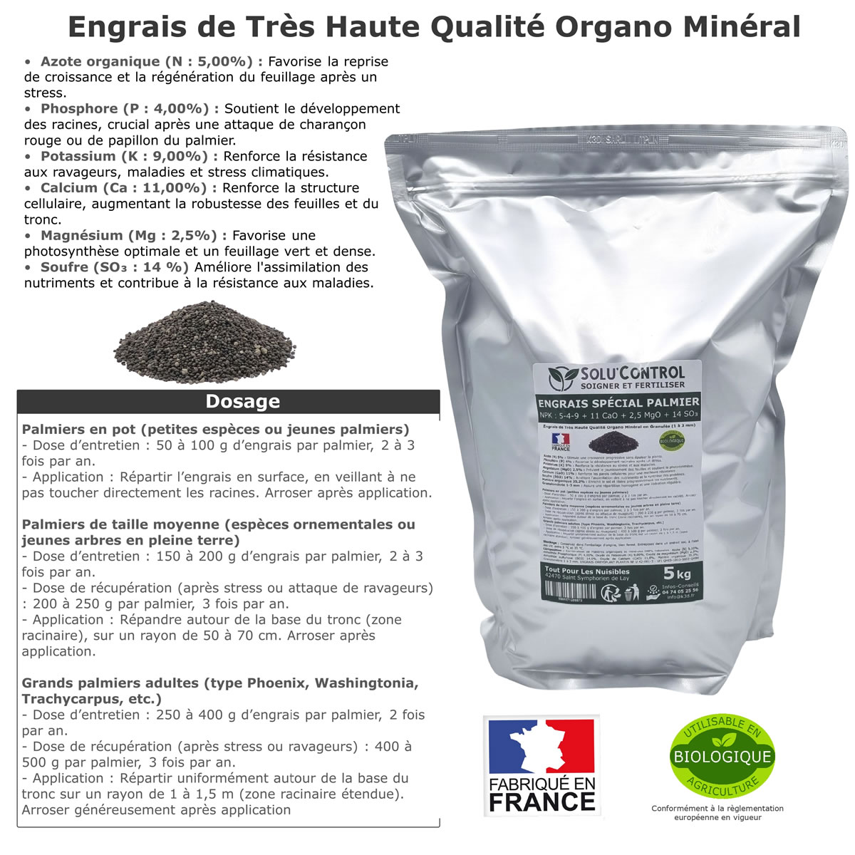 Information NPK 5-4-9 + 11 CaO + 2,5 MgO + 14 SO₃   Engrais Palmier SOLU'CONTROL - 5kg