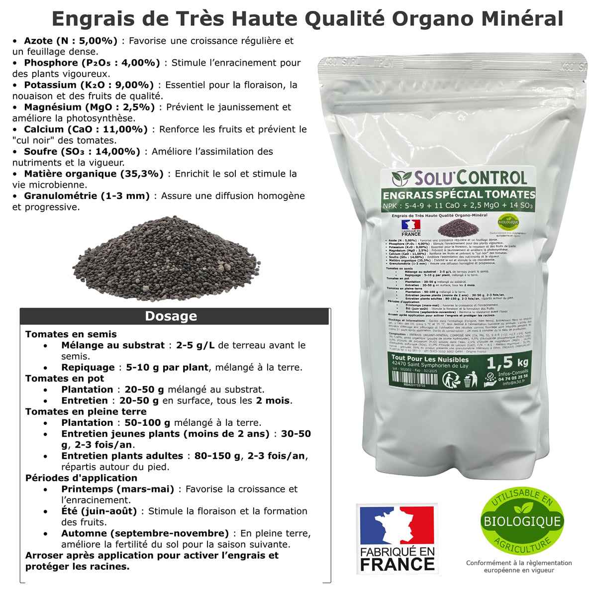 Information NPK 5-4-9 + 11 CaO + 2,5 MgO + 14 SO₃   Engrais Buis SOLU'CONTROL - 250g