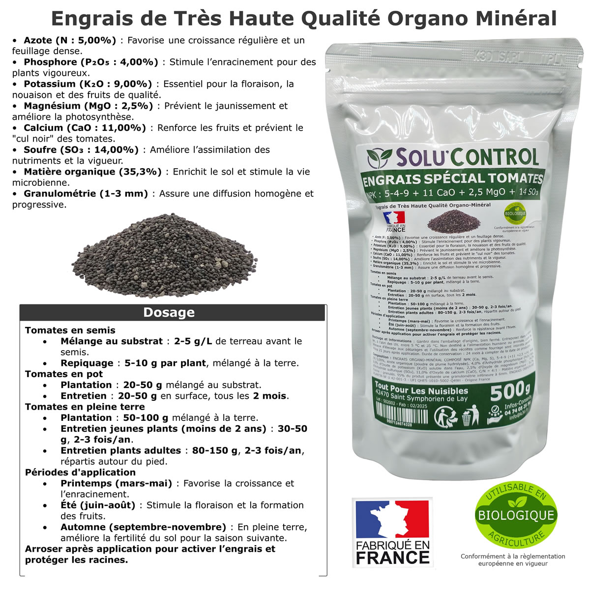 Information NPK 5-4-9 + 11 CaO + 2,5 MgO + 14 SO₃   Engrais Buis SOLU'CONTROL - 250g