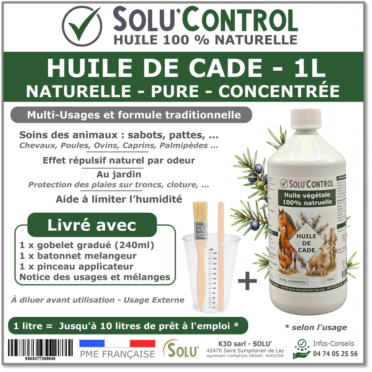 Huile de Cade Naturelle Pure et Concentrée - Animaux, Bois et Jardin - Solu'Control - Flacon de 1L