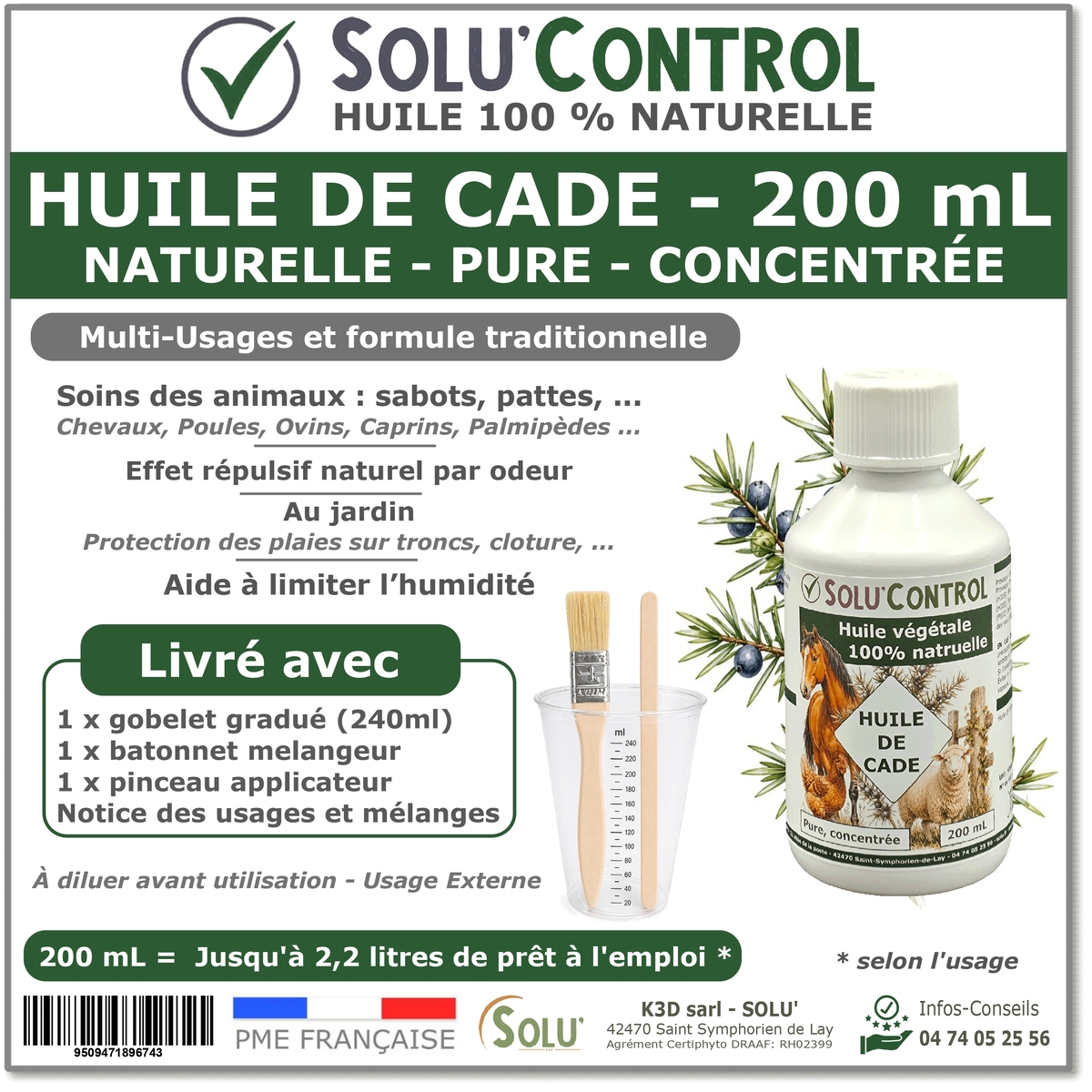 Huile de Cade Naturelle Pure et Concentrée - Animaux, Bois et Jardin - Solu'Control - Flacon de 200 ml