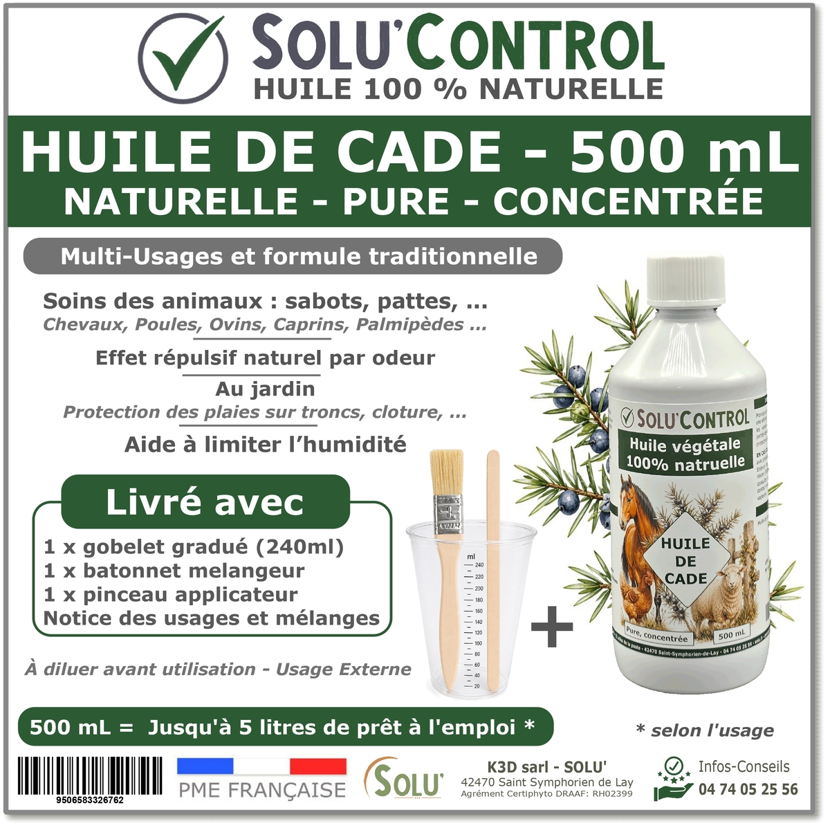 Huile de Cade Naturelle Pure et Concentrée - Animaux, Bois et Jardin - Solu'Control - Flacon de 1L