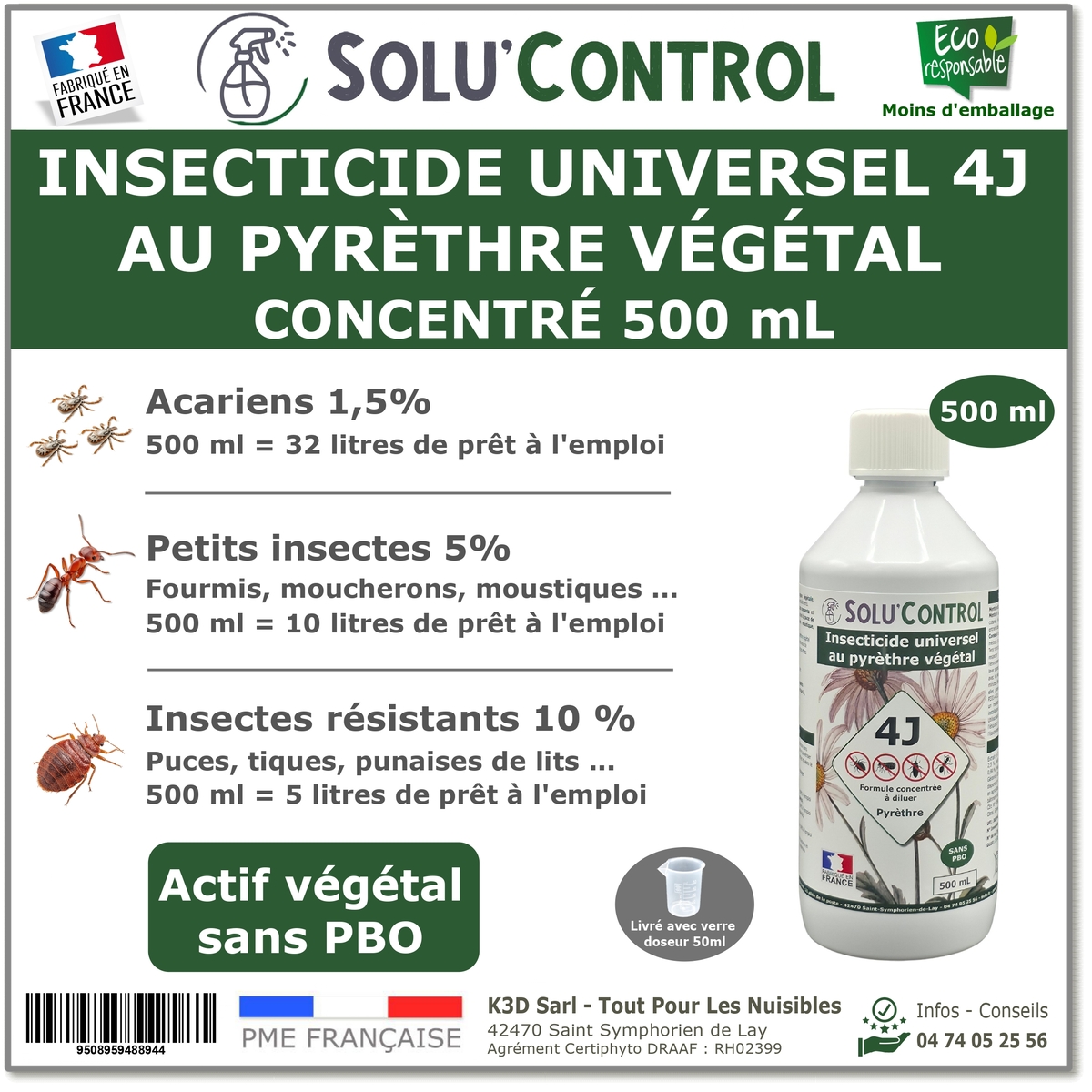 Insecticide 4J concentré Actifs 100% Végétaux - Flacon 500ml