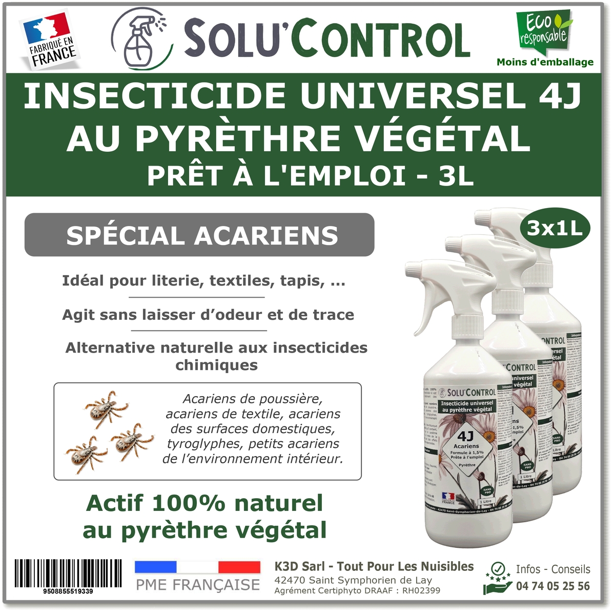 Insecticide 4J PAE Acarien - Actifs 100% Végétaux - Flacon 3L