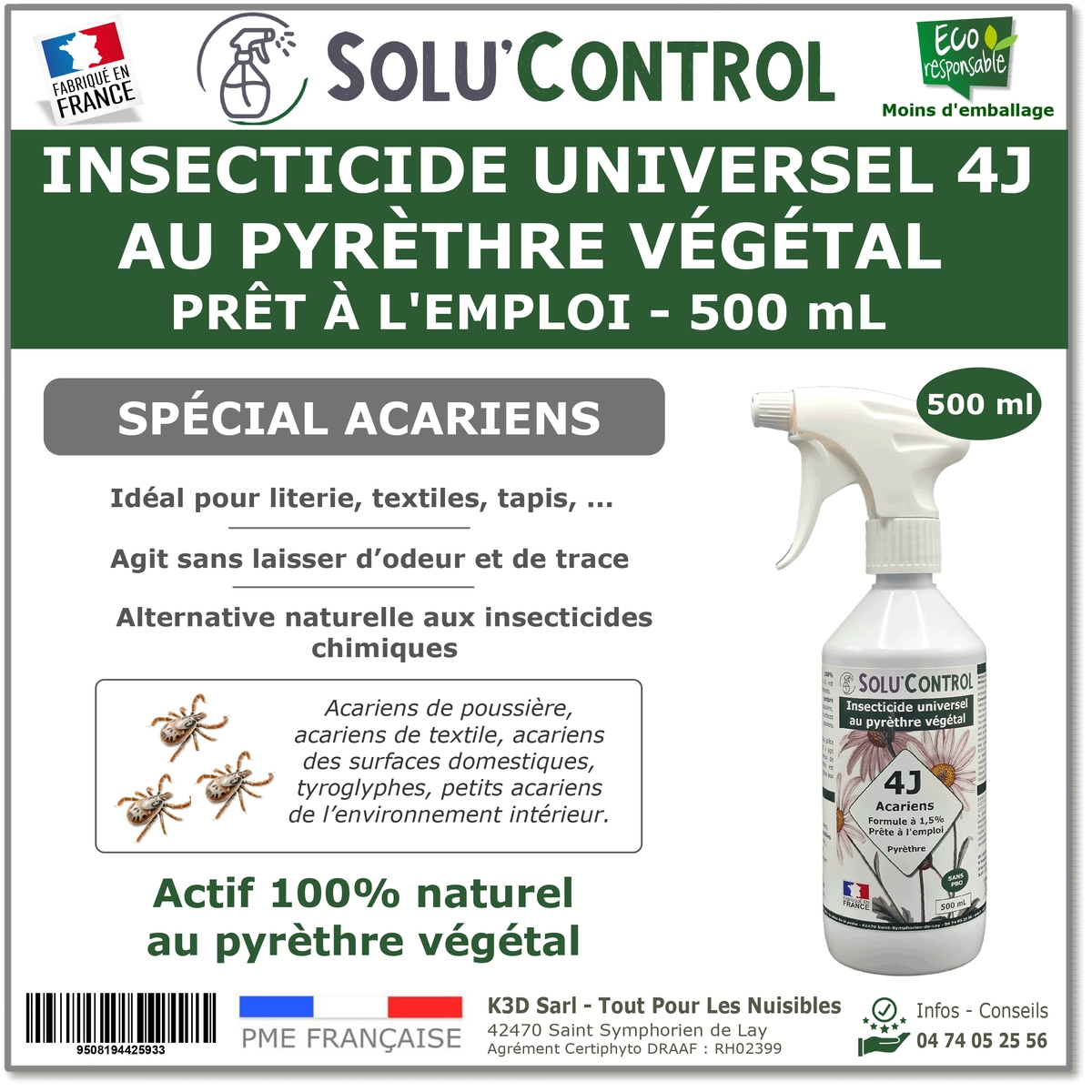 Insecticide 4J PAE Acarien - Actifs 100% Végétaux - Flacon 500ml