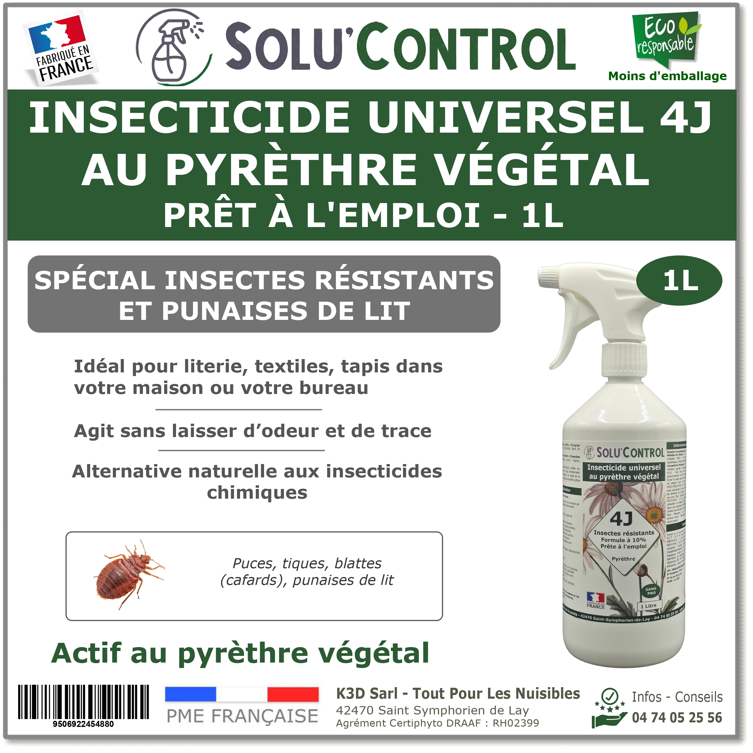 Insecticide 4J PAE Actifs 100% Végétaux - Flacon 1L