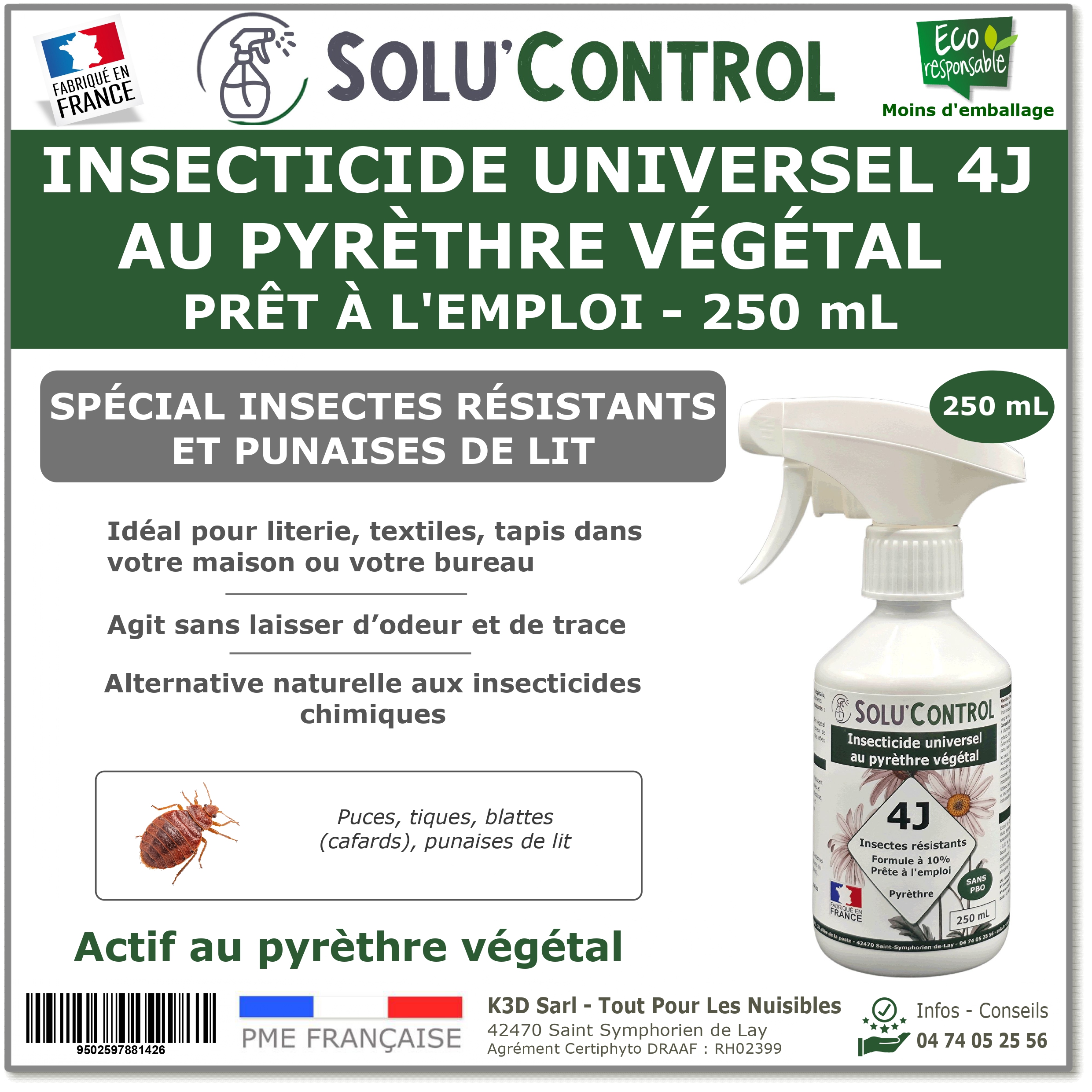 Insecticide 4J PAE Actifs 100% Végétaux - Flacon 250ml