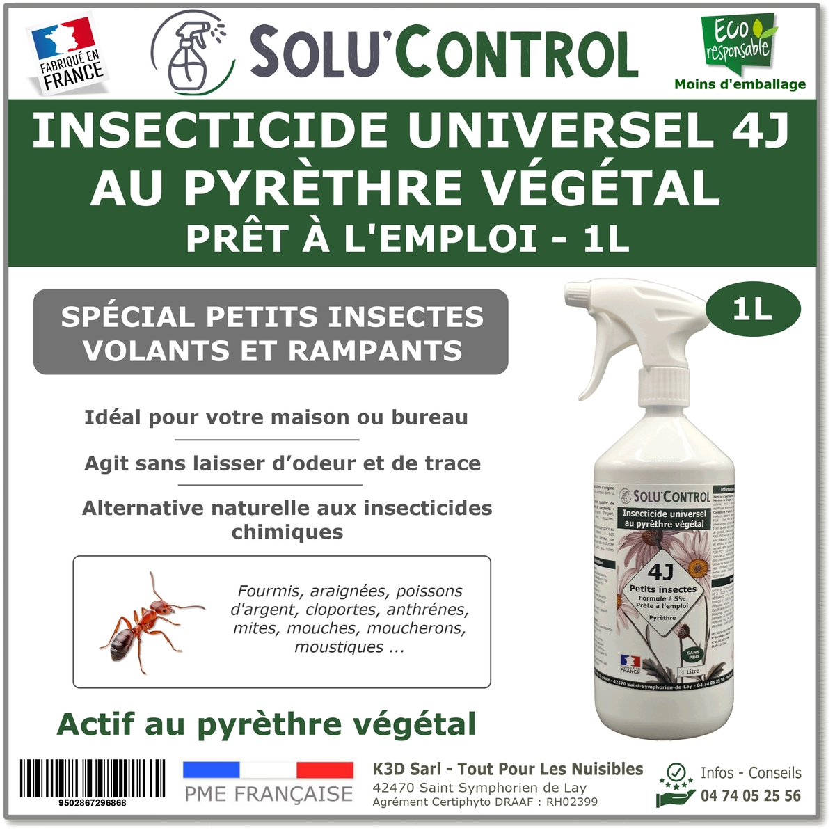 Insecticide 4J PAE Actifs 100% Végétaux - Flacon 1L