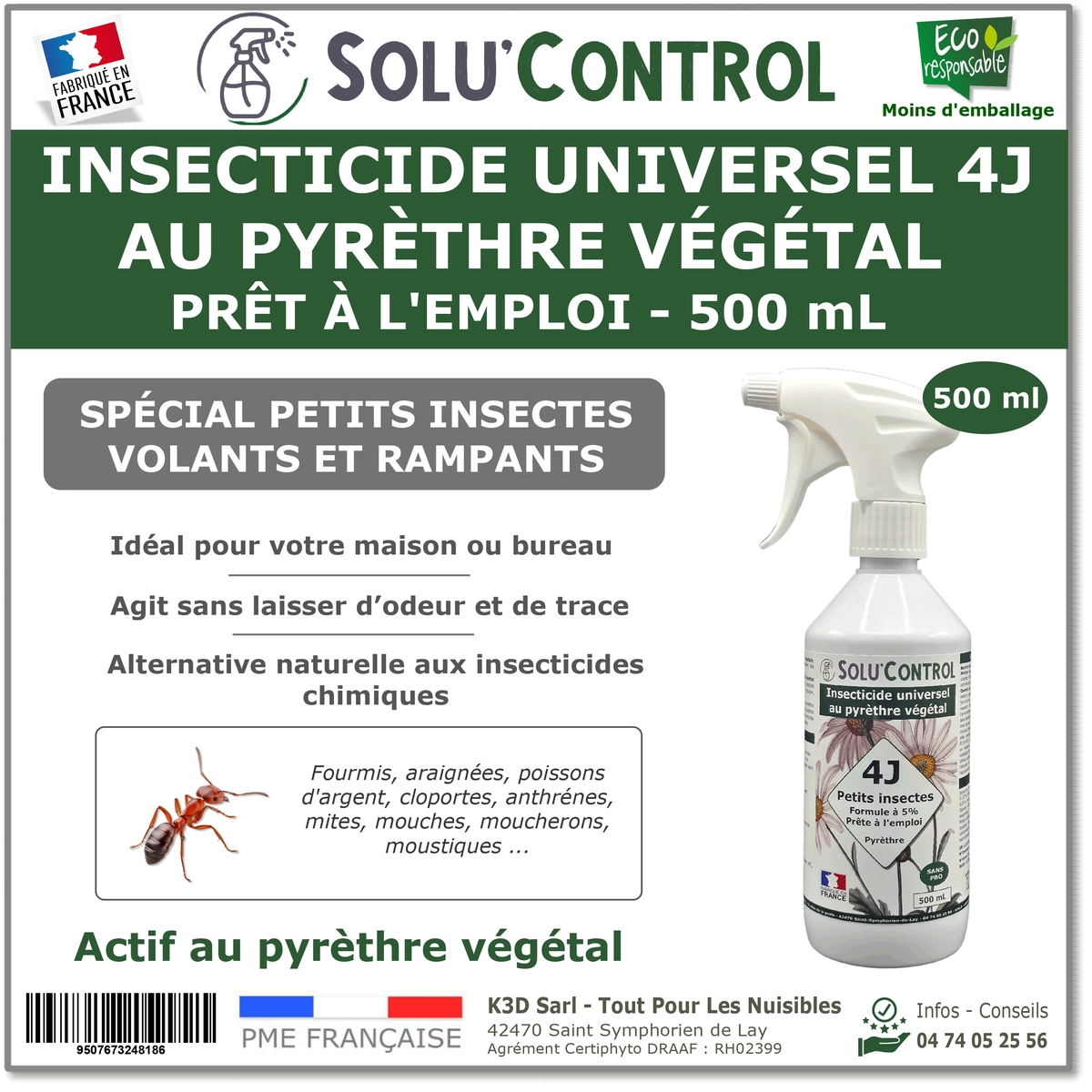 Insecticide 4J PAE Actifs 100% Végétaux - Flacon 500ml