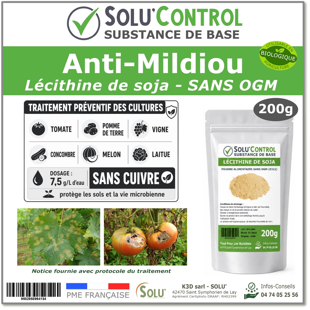 Lécithine de soja Anti-Mildiou - Sachet de 200g - SOLU'CONTROL