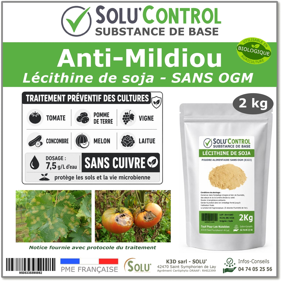 Lécithine de soja Anti-Mildiou - Sachet de 2kg - SOLU'CONTROL
