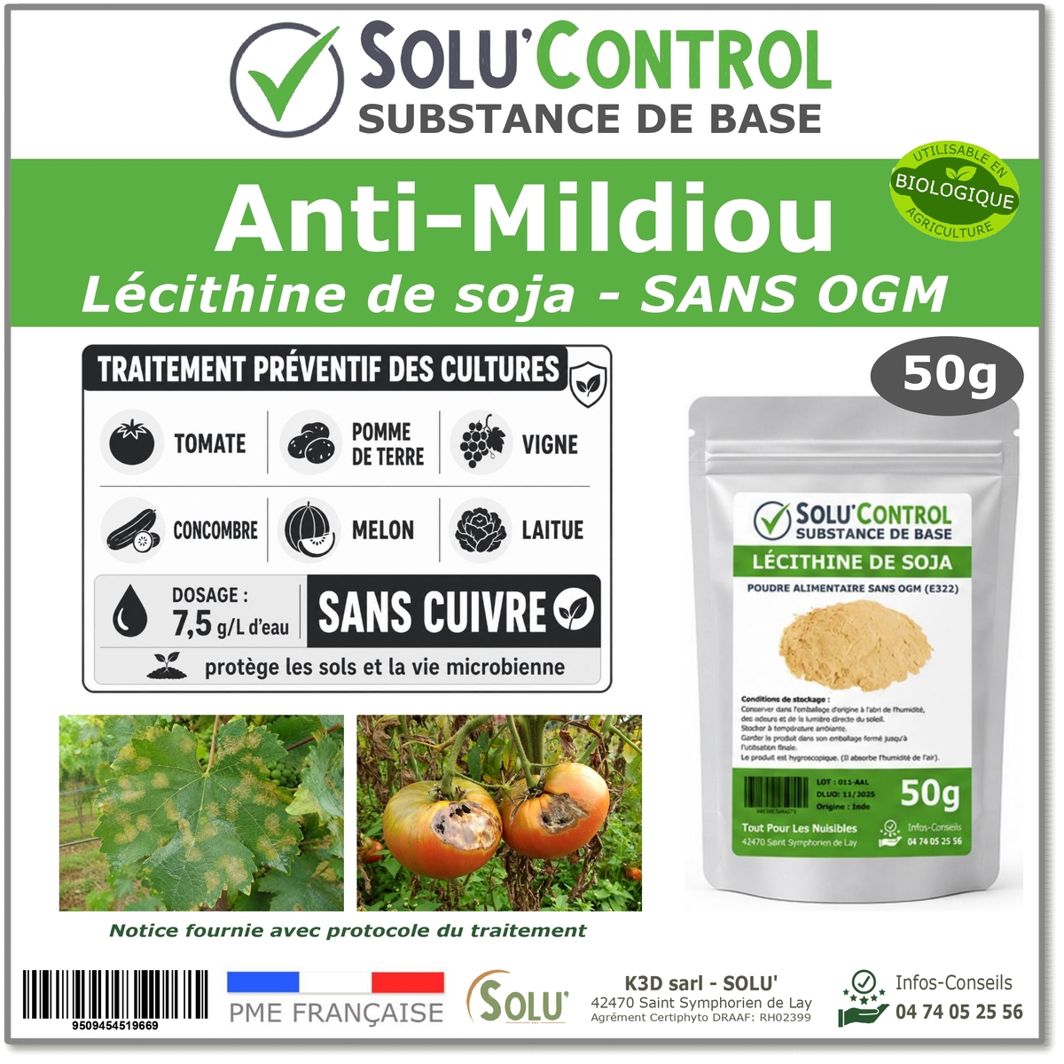 Lécithine de soja Anti-Mildiou - Sachet de 50g - SOLU'CONTROL g