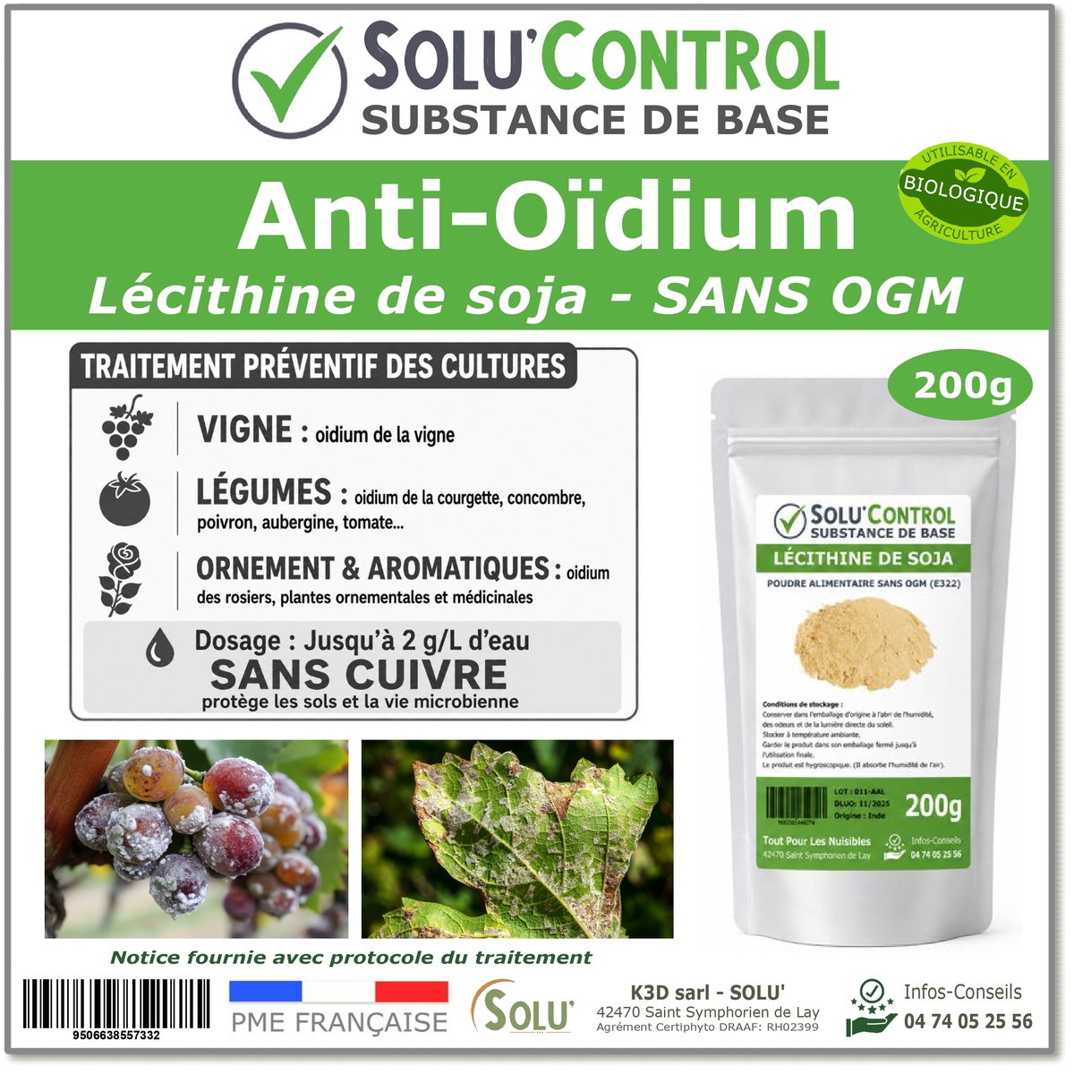 Lécithine de soja Anti-Oïdium - Sachet de 200g - SOLU'CONTROL