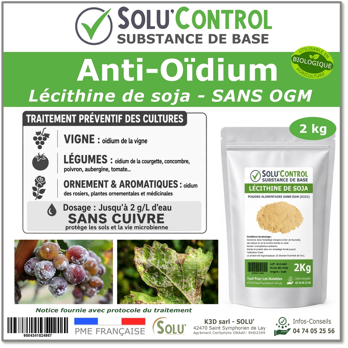 Lécithine de soja Anti-Oïdium - Sachet de 2kg - SOLU'CONTROL