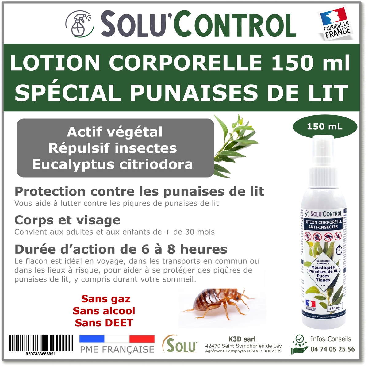 Lotion Corporelle Répulsif Punaise de lit, Solu'Control - 3 Flacons de 150ml