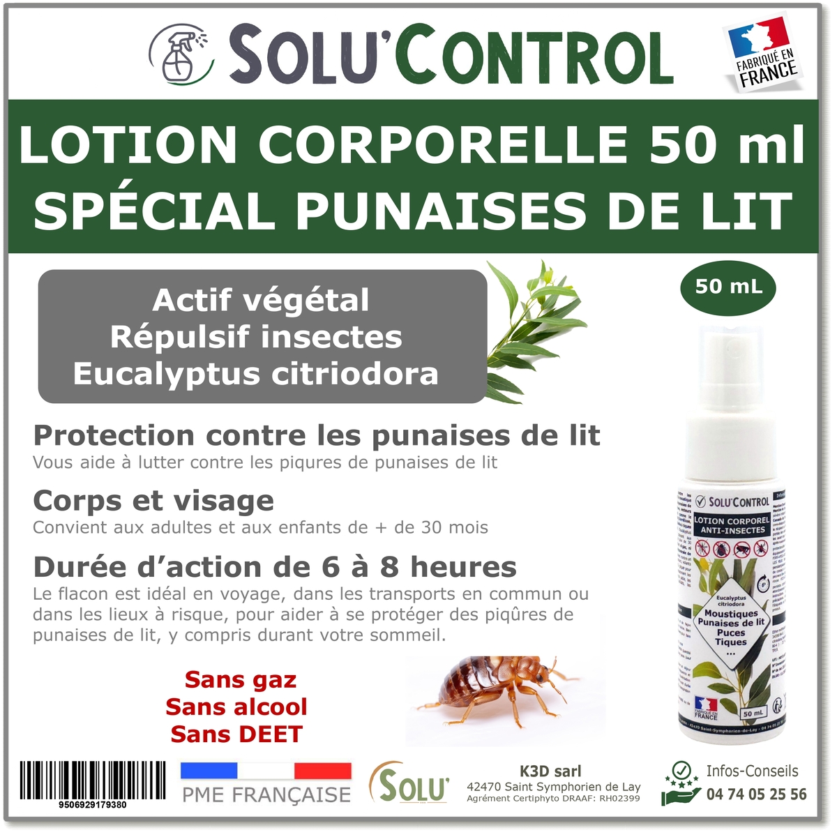 Lotion Corporelle Répulsif Punaise de lit, Solu'Control - Flacon de 50ml