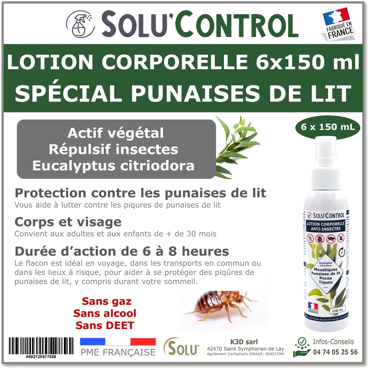 Lotion Corporelle Répulsif Punaise de lit, Solu'Control - 6 Flacons de 150ml