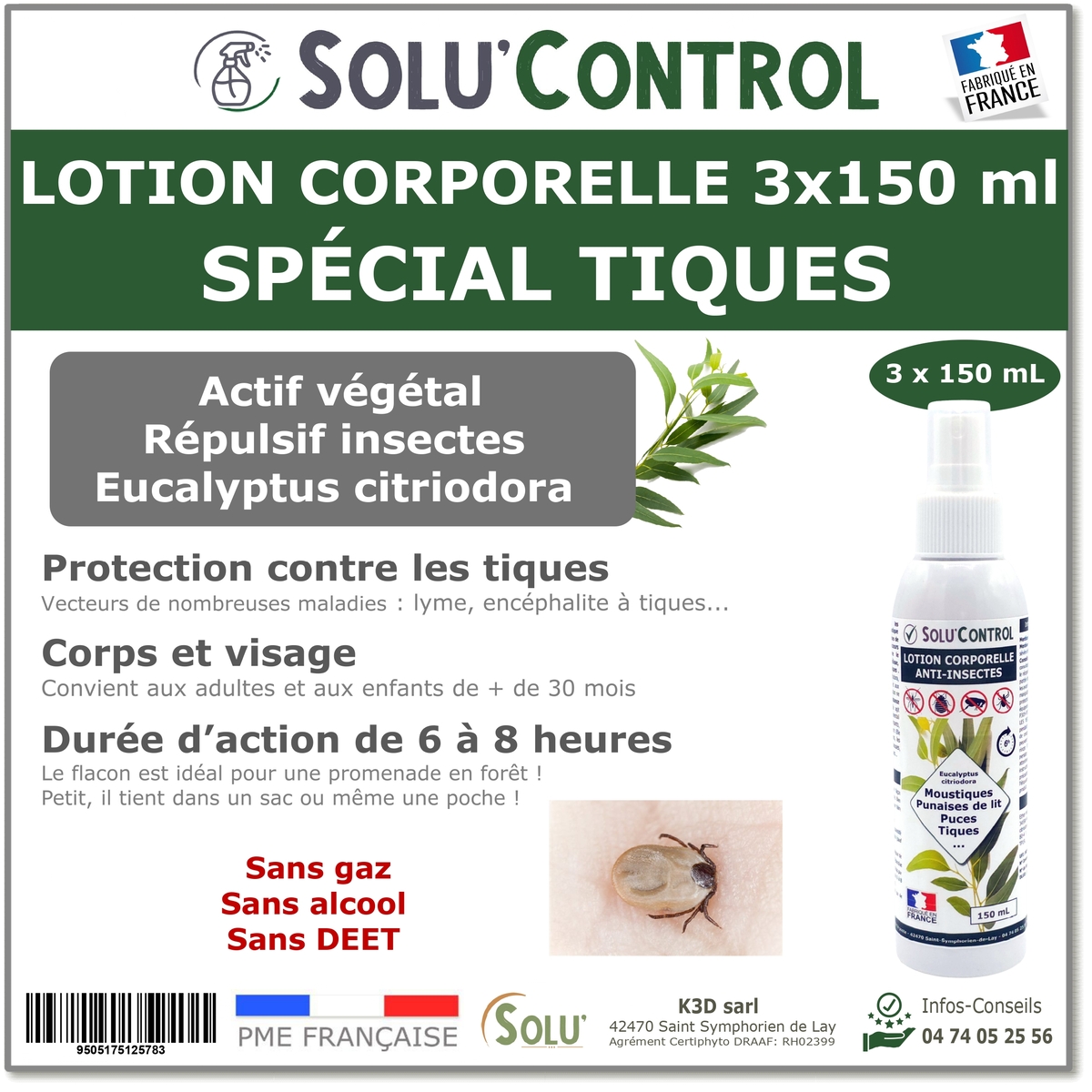 Lotion Corporelle Répulsif Tiques , Solu'Control - 3 Flacons de 150ml