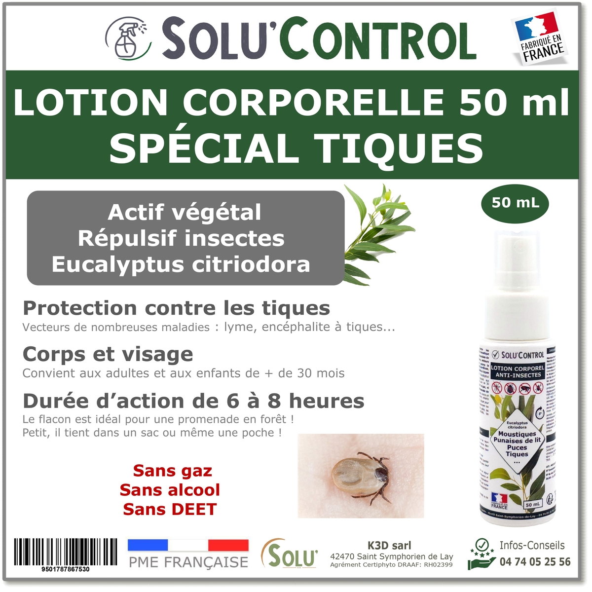 Lotion Corporelle Répulsif Tiques , Solu'Control - Flacon de 50ml