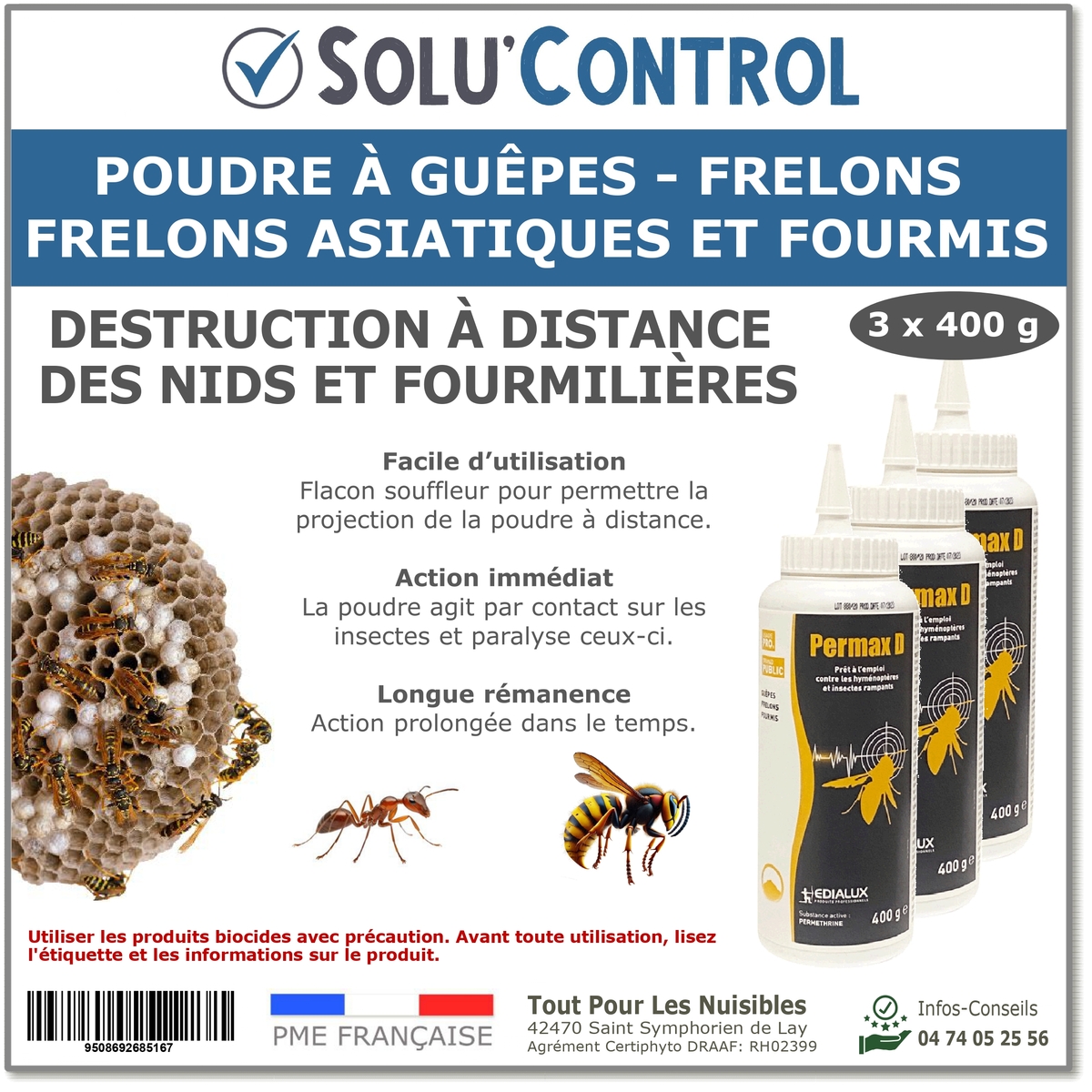 Poudre à guepes, frelons et fouris, Solu'control - 3 Flacons 400g