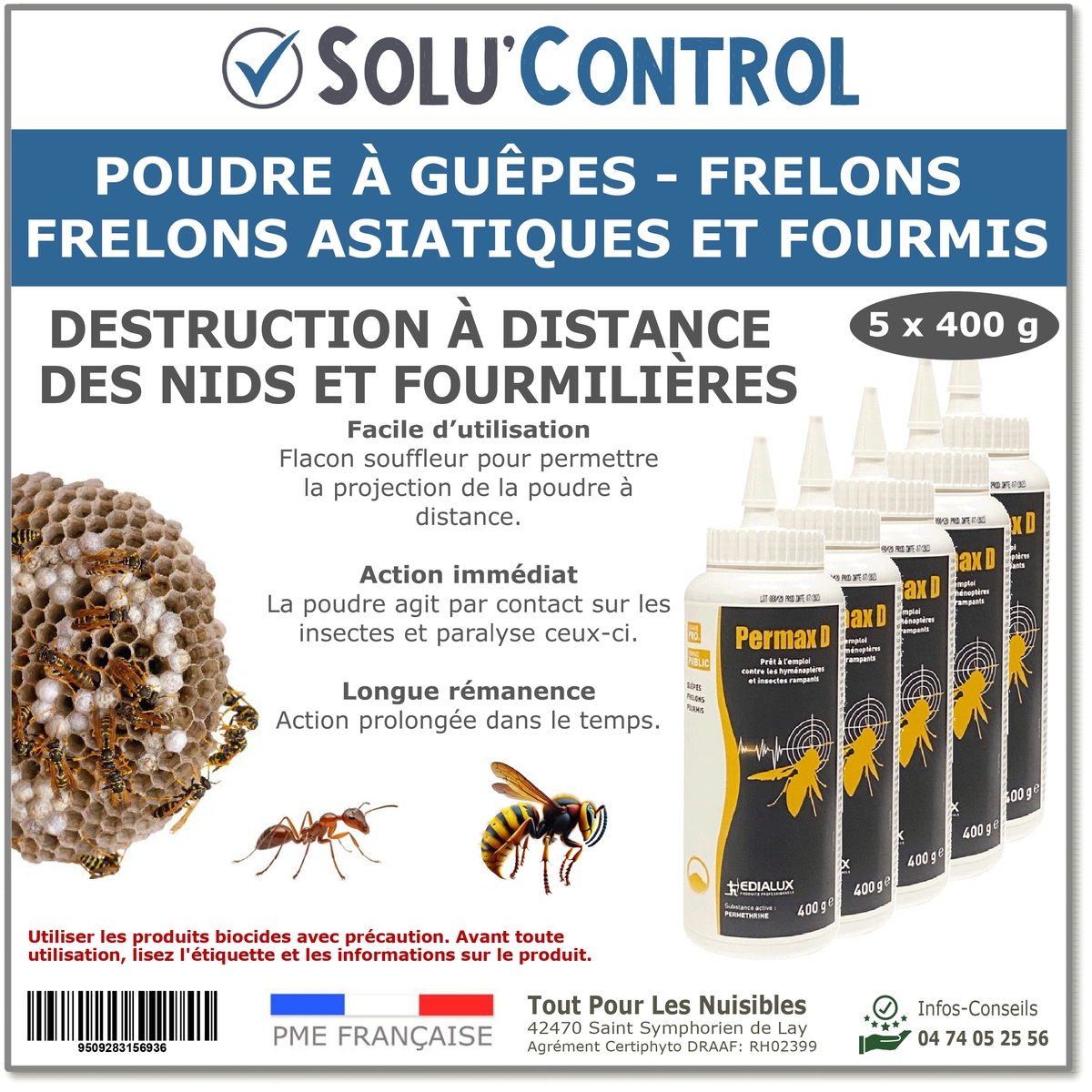 Poudre à guepes, frelons et fouris, Solu'control - 3 Flacons 400g