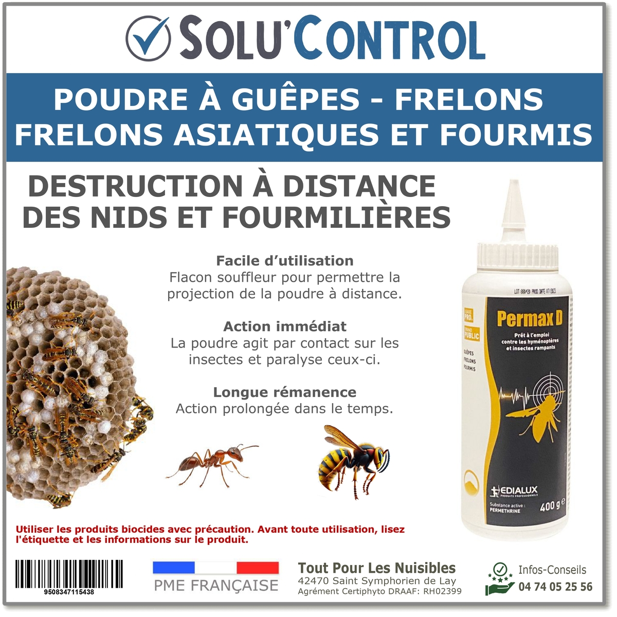 Poudre Insecticide guêpes - frelons dont asiatique, fourmis, fourmilières, Permax D