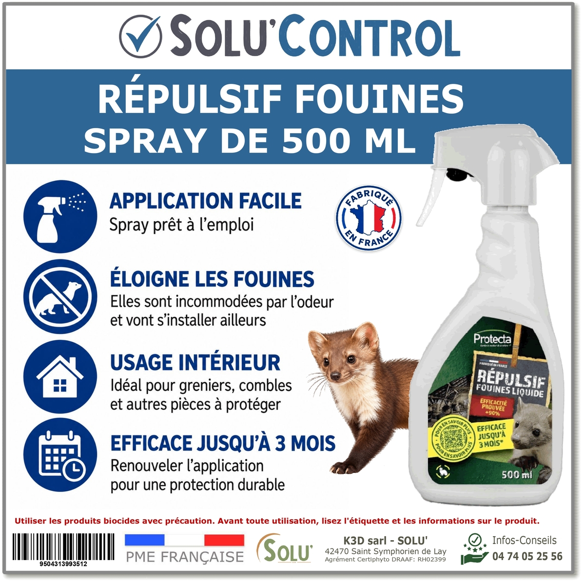 SOLU’CONTROL – Répulsif fouines – Spray prêt à l’emploi 500 ml
