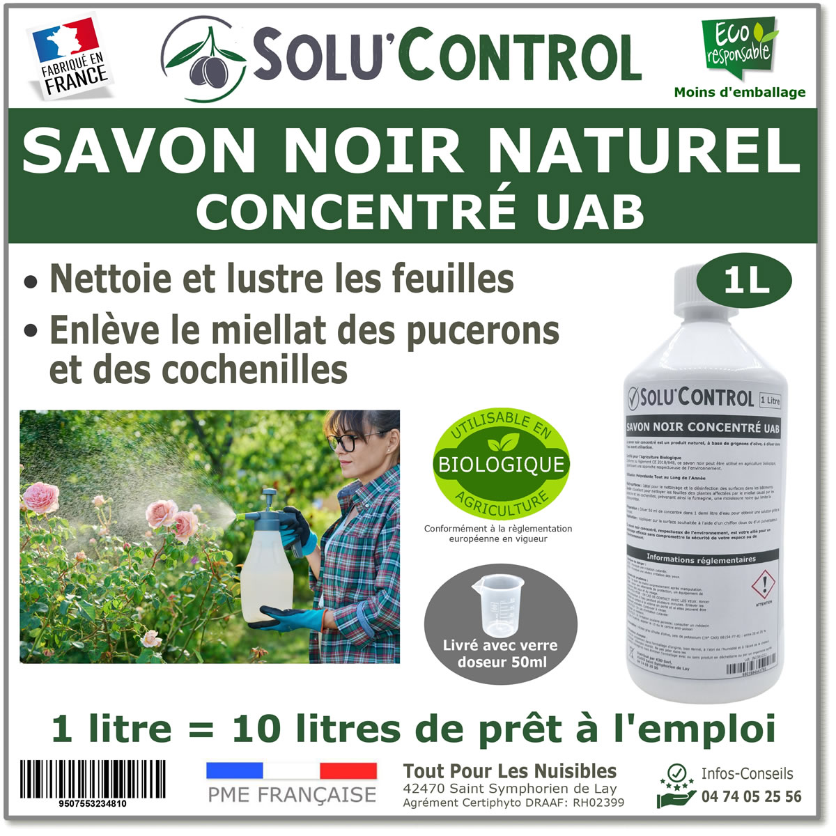 Savon Noir Naturel, Nettoyant feuilles et miellat - pucerons - cochenilles, Concentré UAB Solu'Control - Flacon de 1L
