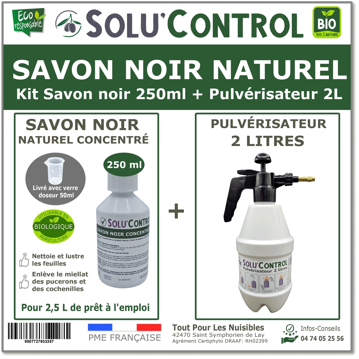Savon Noir Naturel, Nettoyant feuilles et miellat - pucerons - cochenilles, Concentré UAB Solu'Control - Flacon de 250 ml