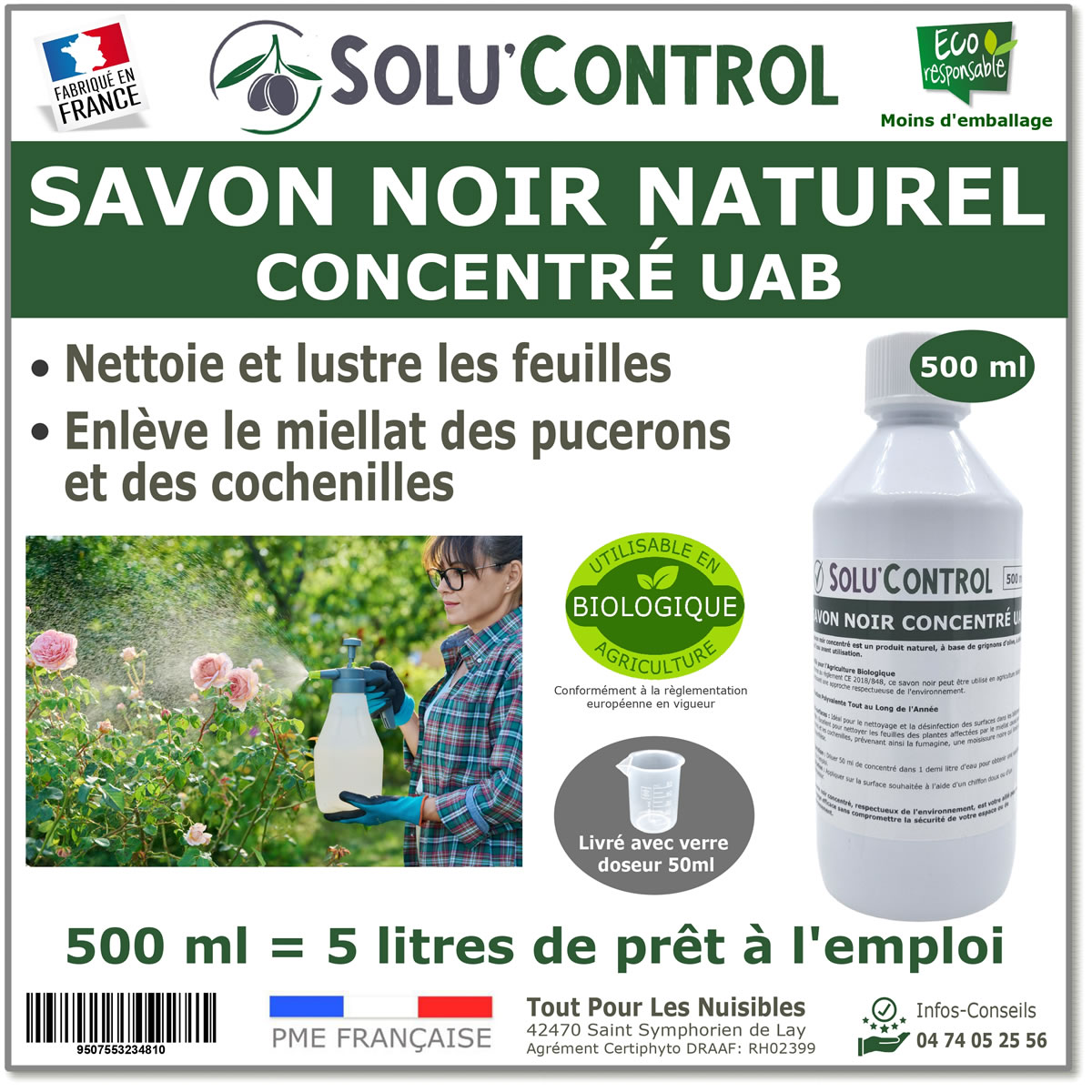 Savon Noir Naturel, Nettoyant feuilles et miellat - pucerons - cochenilles, Concentré UAB Solu'Control - Flacon de 500 ml