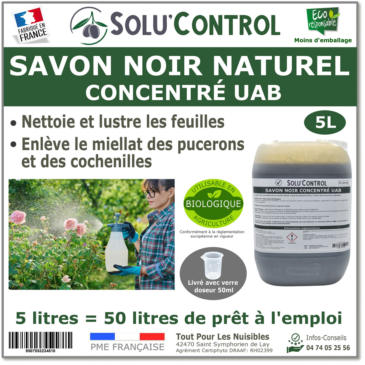 Savon Noir Naturel, Nettoyant feuilles et miellat - pucerons - cochenilles, Concentré UAB Solu'Control - Bidon de 5L