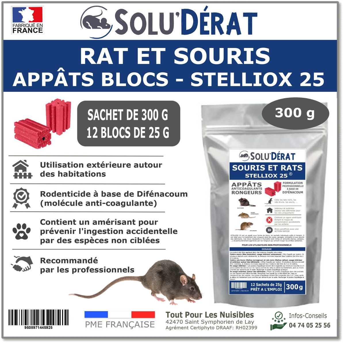SOLU'DERAT - Appât Bloc Anticoagulant contre les rats et souris, Stelliox - Sachet de 300 g
