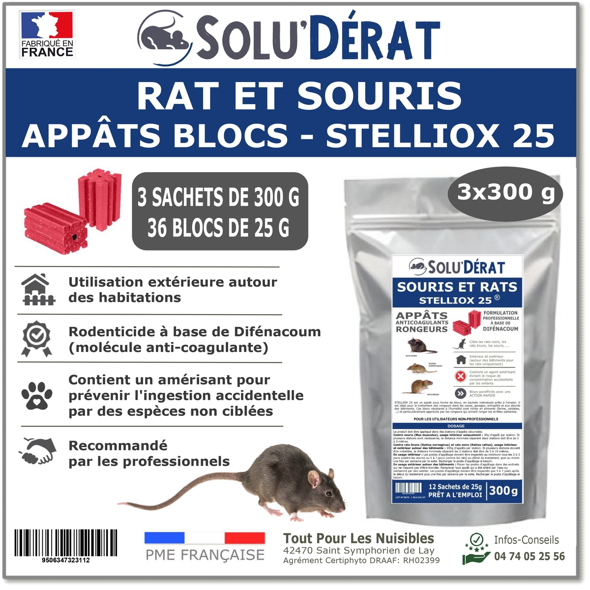 SOLU'DERAT - 3 sachets d'appât Bloc Anticoagulant contre les rats et souris, Stelliox - Sachet de 900 g